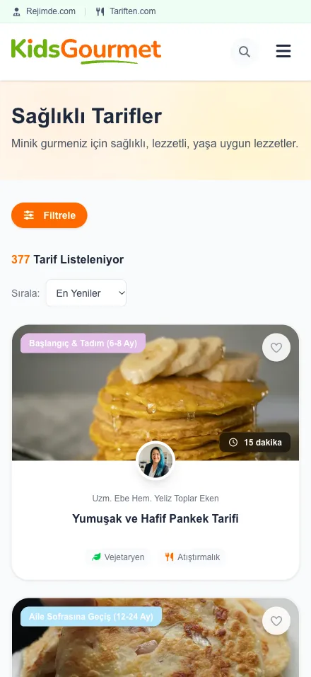KidsGourmet mobil arayüzü